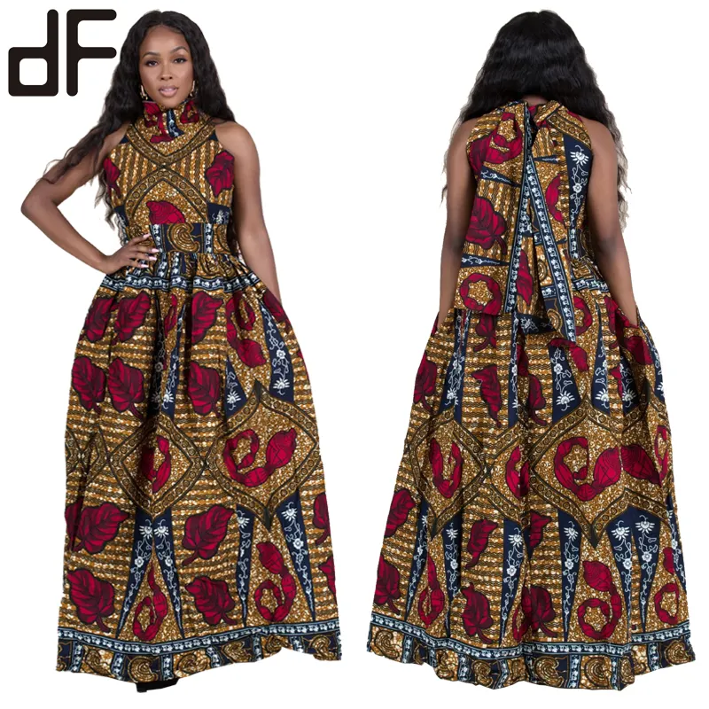 Venta al por mayor, último de una pieza de verano paraguas vestido ropa Africana vestido de las mujeres kitenge patrón sexy vestidos vestido cuello halter