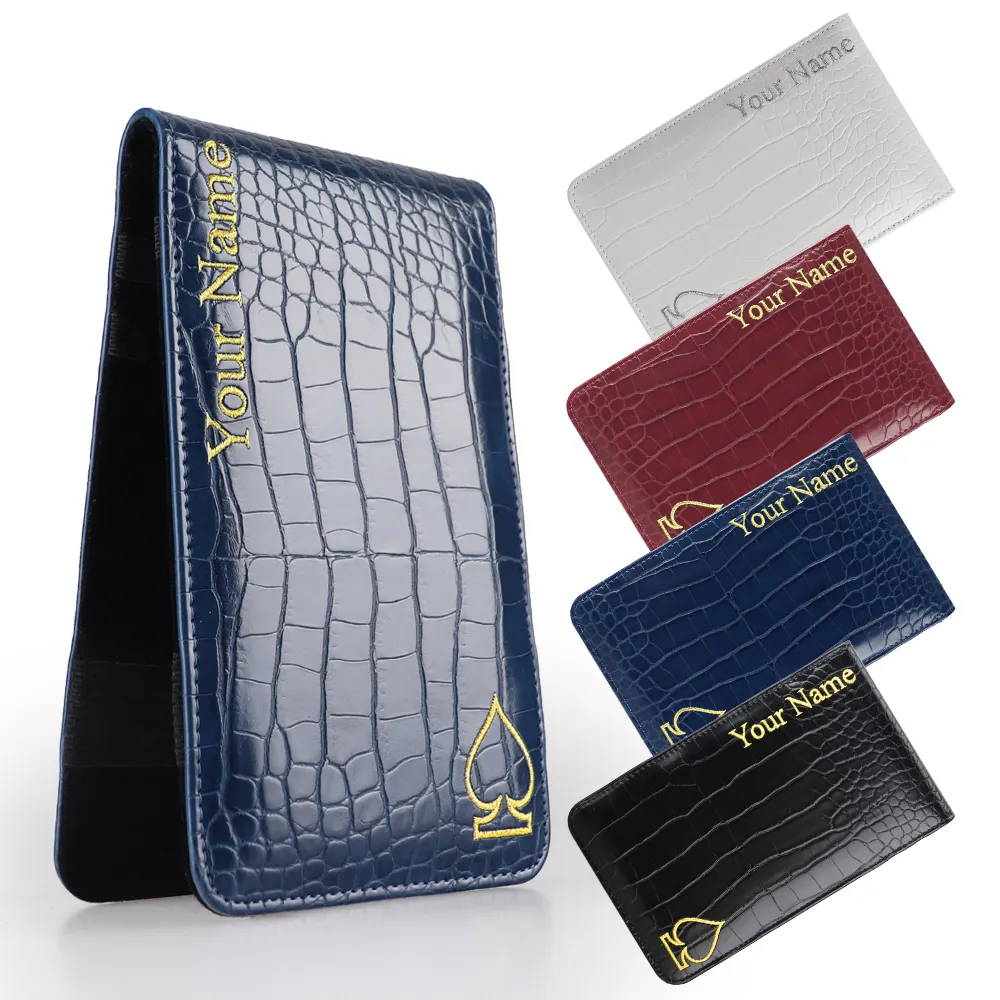 Venda quente Preto Crocodilo Pu Couro Golf Scorecard Titular Incluir Lápis Logotipo Personalizado Dobrado Durável Golf Score Card Holder