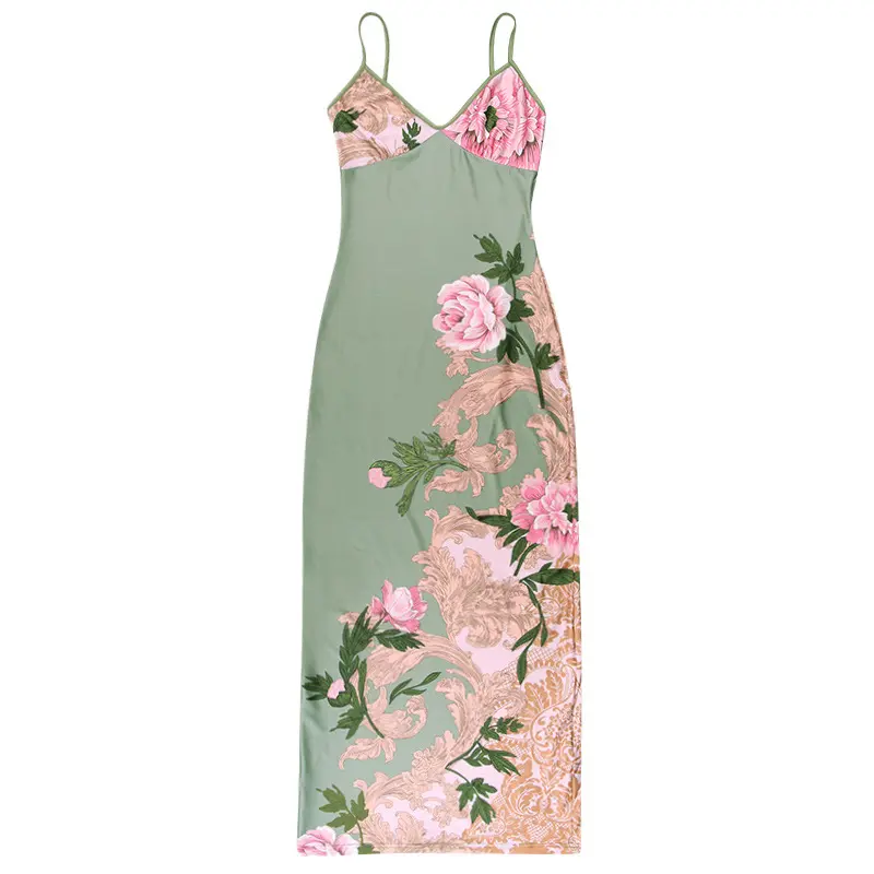 Estampado floral verde vestidos casuales mujeres dama elegante bohemio mujer vestido