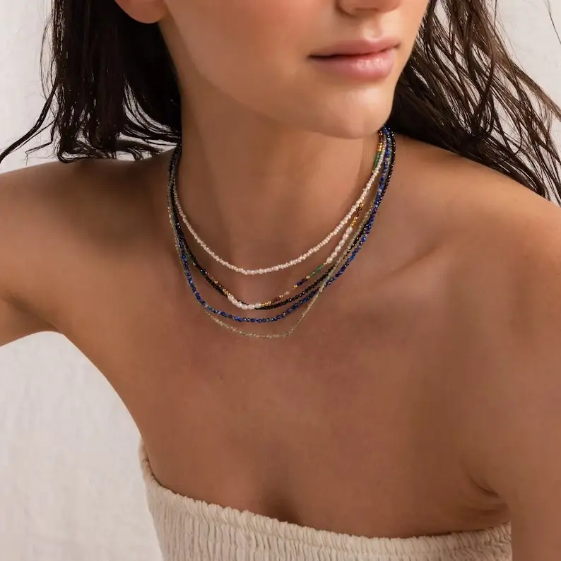 Gemma 2Mm pietra naturale perle di cristallo in acciaio inox regolabile 18K collana girocolli a catena d'oro per le donne gioielli