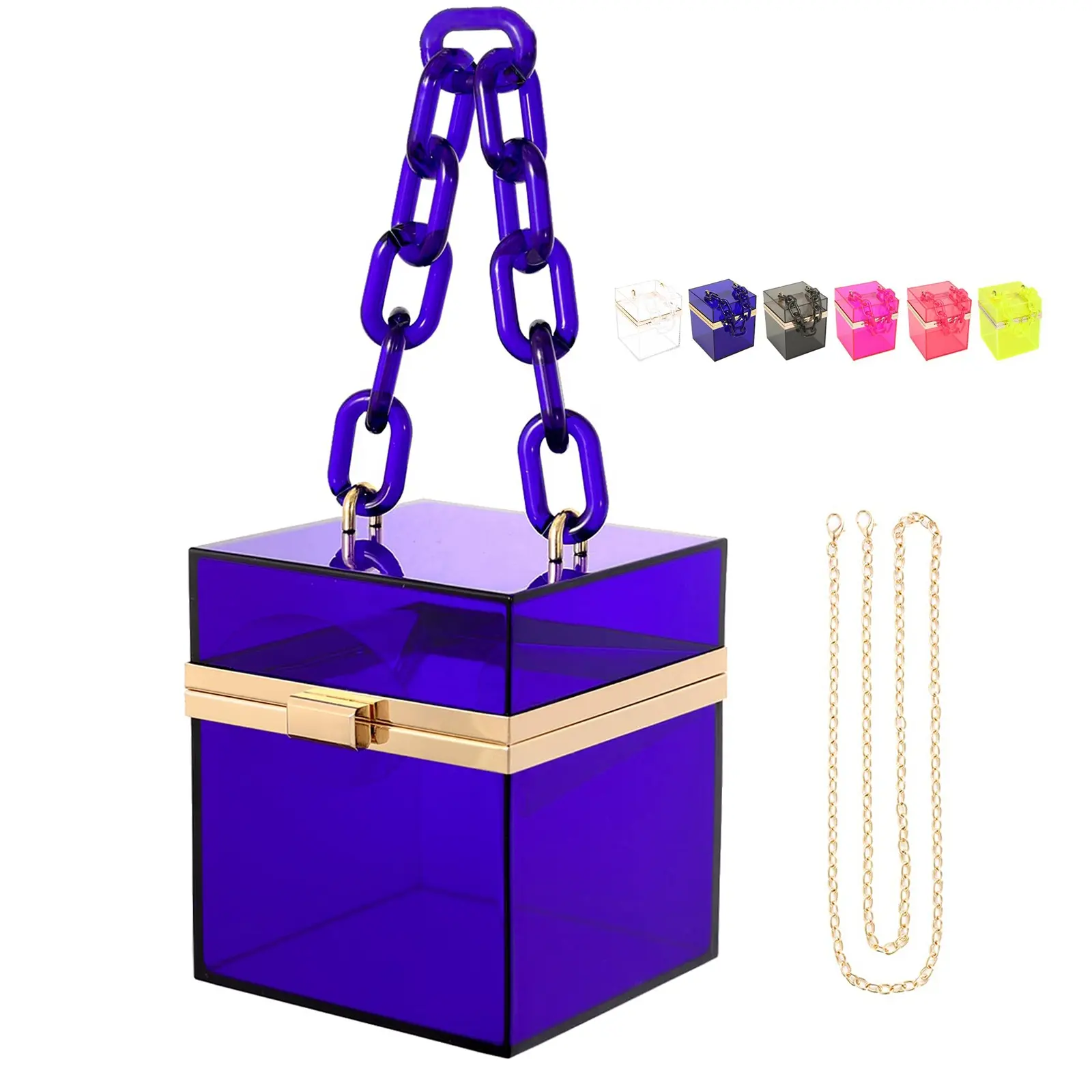 Quadratische Box Handtasche Transparente Abend taschen Niedliche klare Acryl Kunststoff Neon Hard Frame Party Clutch Geldbörse mit Goldkette riemen