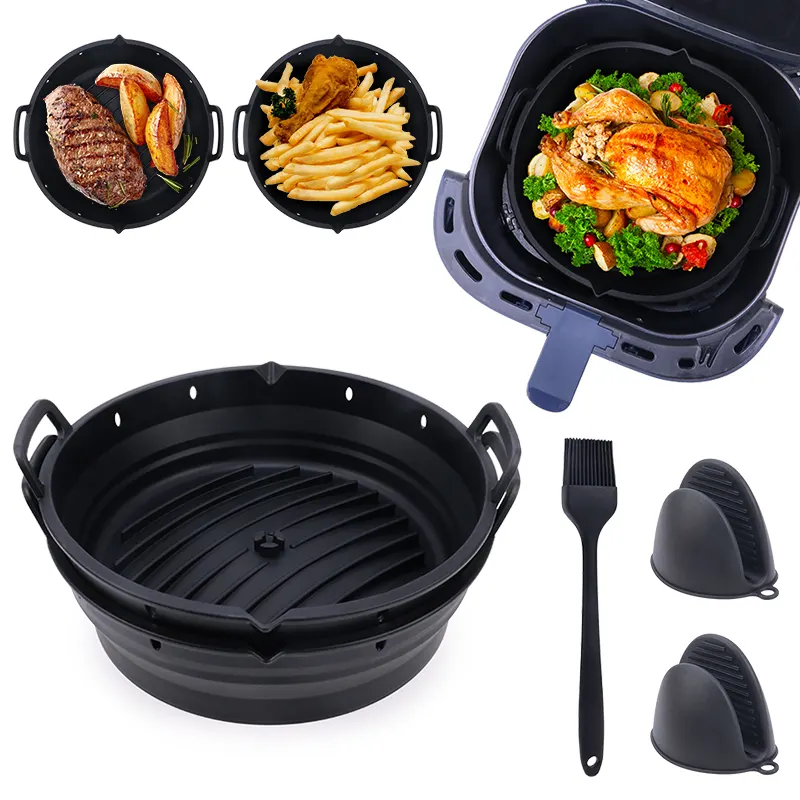 BPA Free Reusable Foldable Collapsible Nonstick Silicone Air Fryer Basket Baking Mold Pan Tray Silicon Pot Liners For Air Fryer