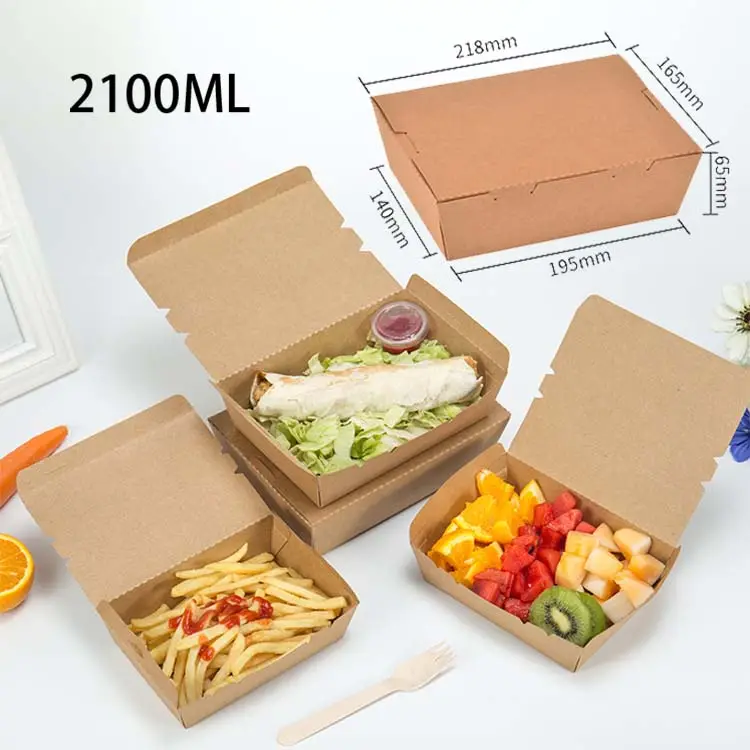 Groothandel 2100Ml Om Te Gaan Lunch Papieren Voedseldozen Wegwerp Container Bento Kraft Chinese Custom Biologisch Afbreekbaar Voor Take-Out Doos
