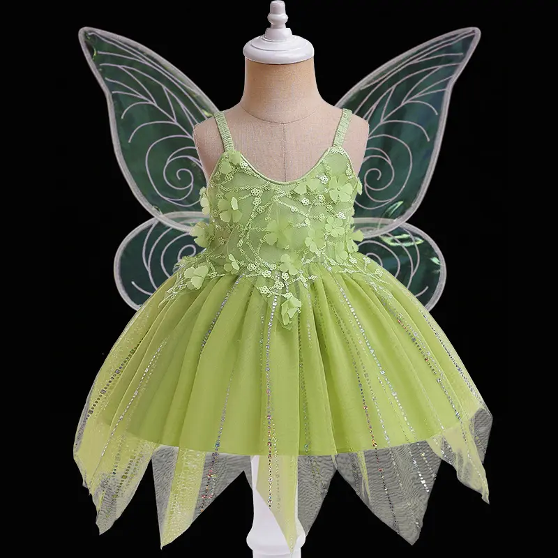 Verano nuevo vestido de correa para niñas niños princesa Poncho vestido Cosplay dibujos animados elfo princesa actuación vestido con ala de mariposa