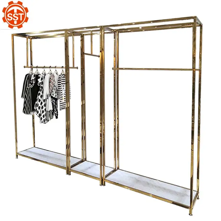 Custom Gold Clothing Dress Retail Store Fixture Hanging Clothes Shop Design Metal Display Rack