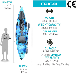 Tek kişi HDPE <span class=keywords><strong>12</strong></span> Ft Pedal Kayak/Cano deniz okyanus balıkçılık için 3 yıl oturmak üst ve çubuk tutucu plastik malzeme ile Vicking