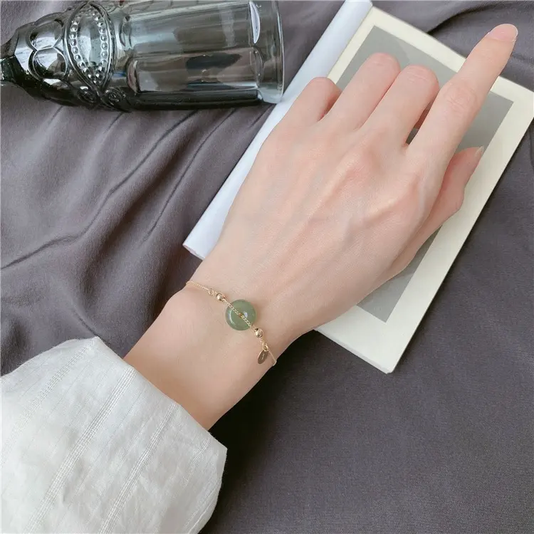 Trendy Ouro 14K chinês Fu Caráter Donut Fortune Estética Círculo Coin Bangles Boa Sorte Verde Natural Jadeite Pulseira Jade