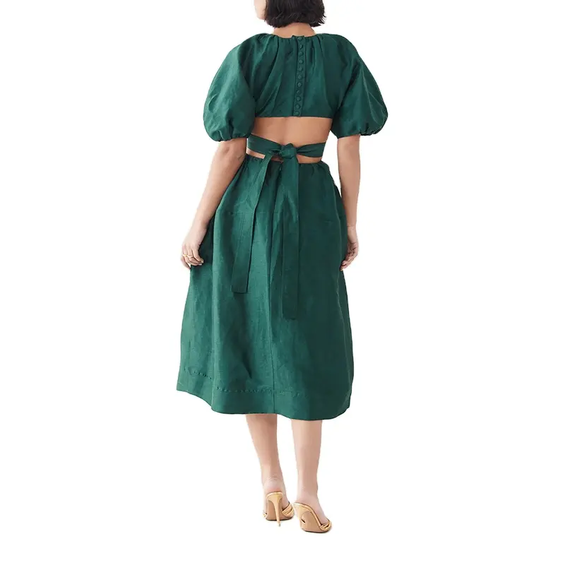 Vestido feminino casual, vestido social plissado verde a-linha mangas bufante cintura corte feriado primavera verão
