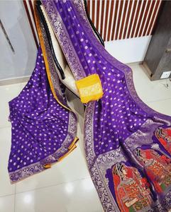 必须购买的节日/婚礼系列纯Banarasi <span class=keywords><strong>Khadi</strong></span>多拉真丝纱丽，配有金色扎里编织和花式流苏