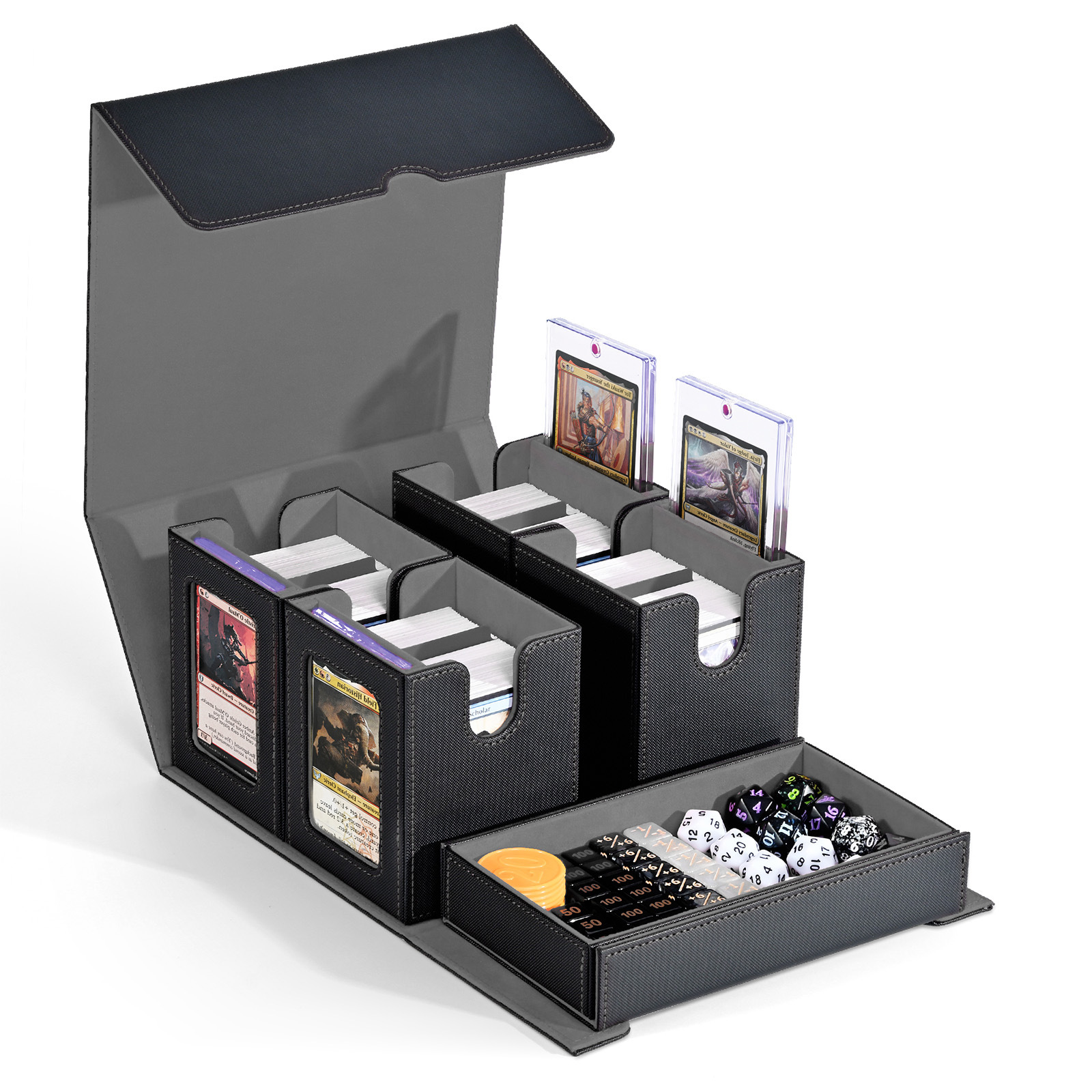 Briques de rangement pour cartes, 4 compartiments, coloris noir et gris assorti.