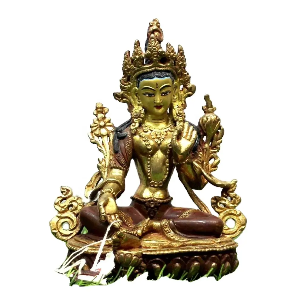 Estátua artesanal banhada nepal, gravação em latão dourado np & collectible da índia, estatueta de escultura religiosa, budismo, arte, tara verde