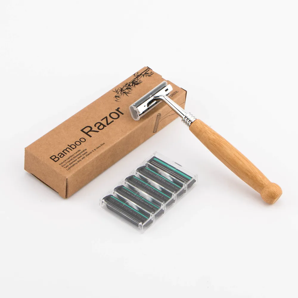 Bamboo handle twin stainless steel blade cartridge razor 1 razor 5 extra cartridges