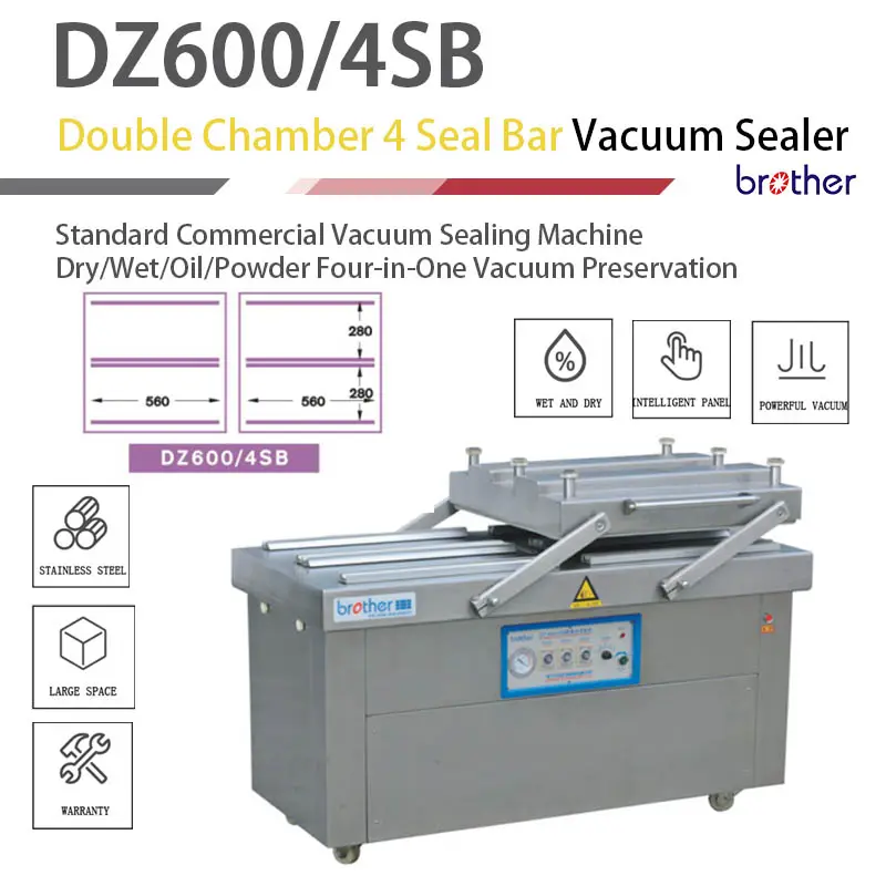 Brother Vacuum Food Packing Machine Double Chamber Vaccum 4 Seal Bar Vacuum Packing Sealing Machine DZP600/4SB