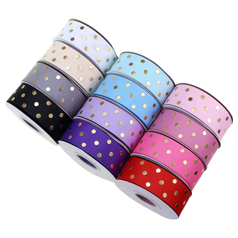 1.5 inç özel baskılı altın folyo polka dot grogren şerit saç yay için 38mm/hediye wrap