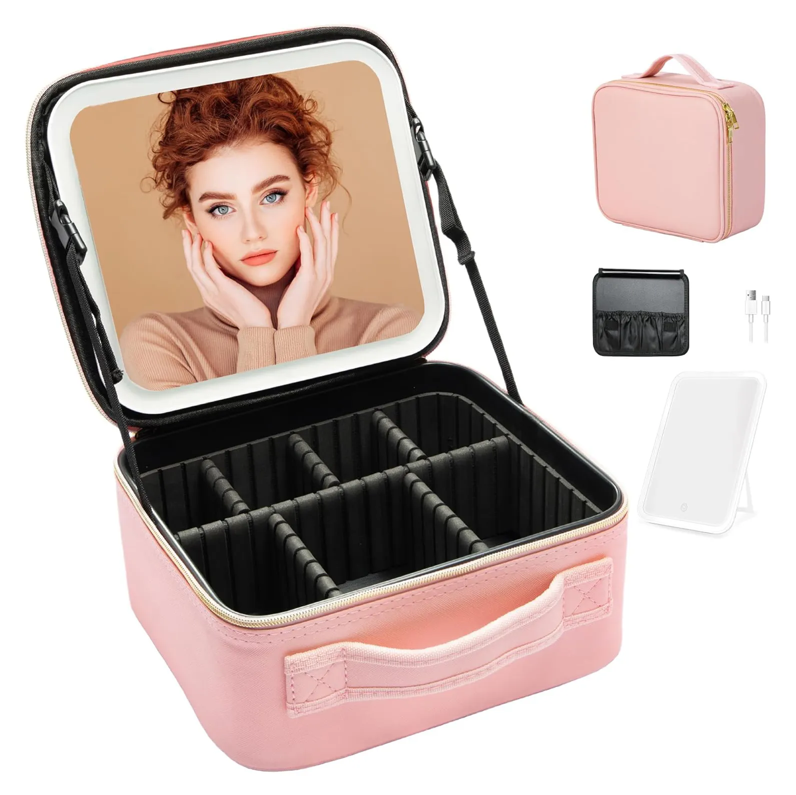 Waterproof Cosmetic Train Case Organizer DIY Dividers Travel Makeup Bag with LED Lighted Mirror