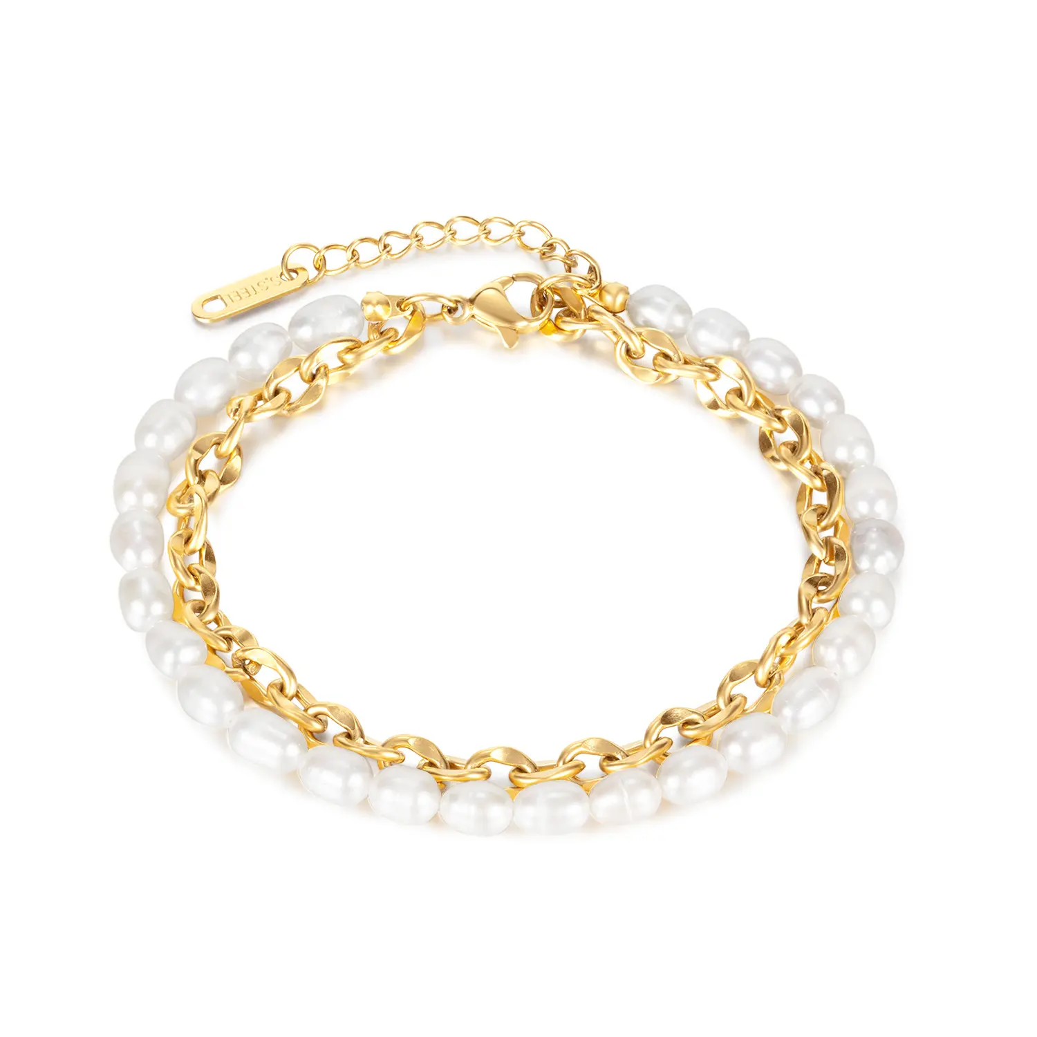 Commercio all'ingrosso di moda doppio strato impilato bracciale gioielli in acciaio di lusso naturale perla d'acqua dolce braccialetto per le donne