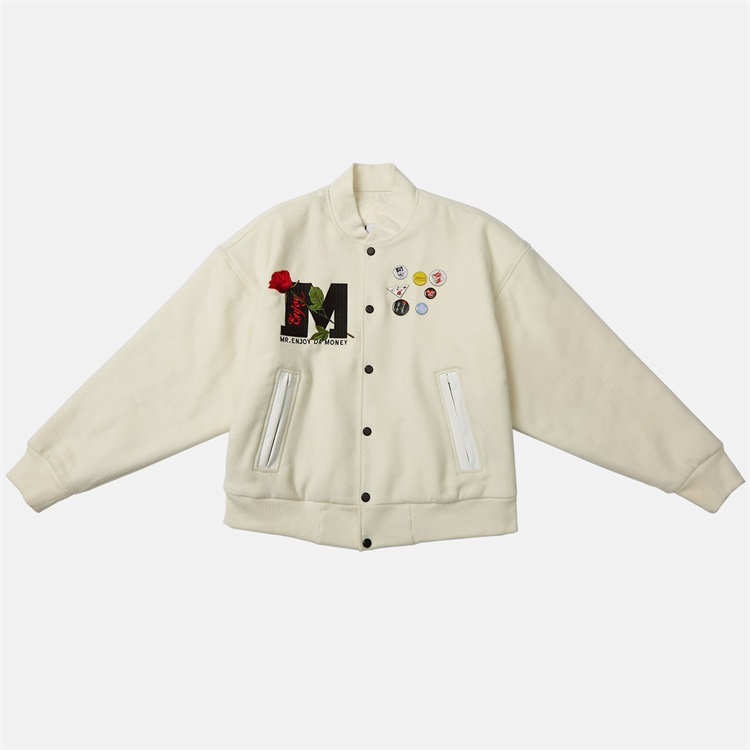 OEM Custom Embroidery Varsity Jackets Winter 100% Wool Rose Fleece Letter Bomber Jacket 7