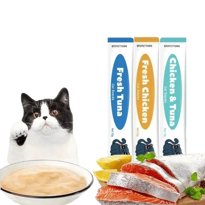 OEM 15g comida para gatos melodía de pollo salmón sabor delicioso y nutritivo pasta de carne comida húmeda bocadillos para gatos