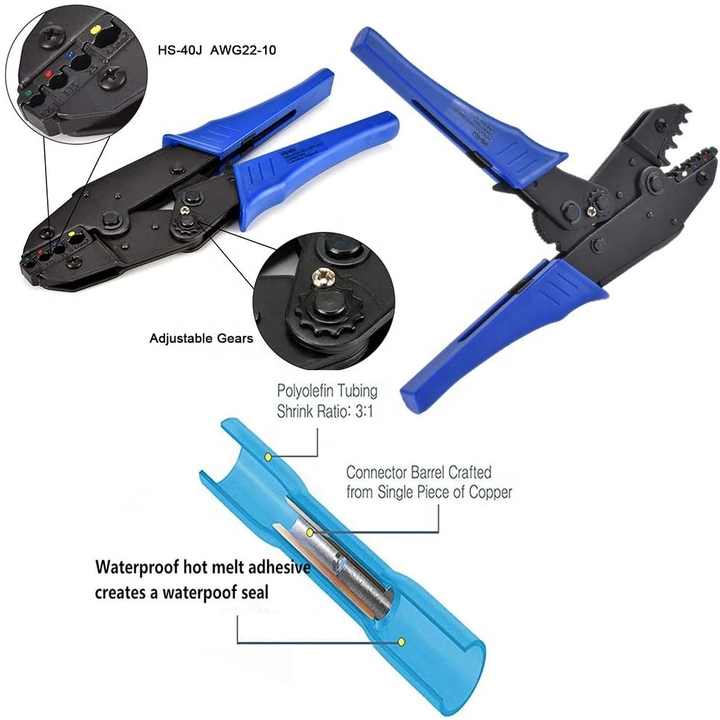 HS-40J Crimping Pliers 0.25-6mm2 Heat Shrink Butt Insulated Terminals Wire Connector 23-10AWG Kit