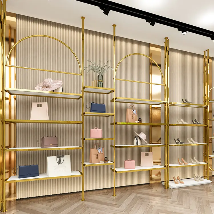 Bekleidungs geschäft Display Rack Schuhe Handtasche Display Regal Möbel Kleider ständer Wand halterung Gold Kleider ständer für Boutique