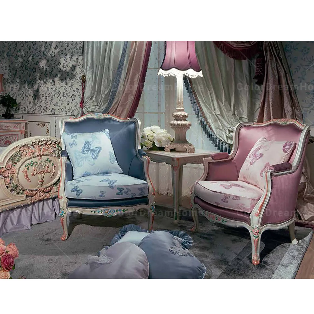 Francese di Stile Della Principessa di Colore Rosa + Rosa Blu In Tessuto Singolo Divano Poltrona In Legno