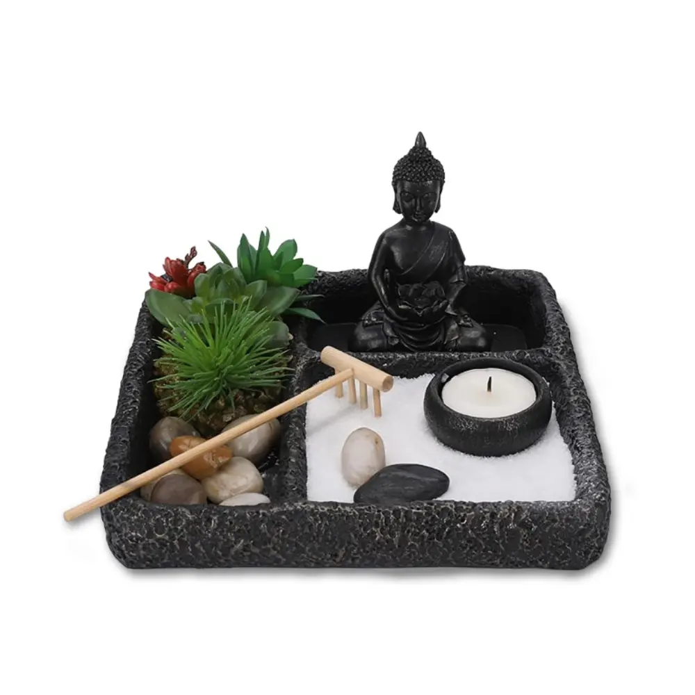 Personalizzato 8x8 pollici Zen scrivania da giardino naturale vassoio di sabbia loto Buddha figurine giapponese Mini meditazione decorazione in resina artigianato