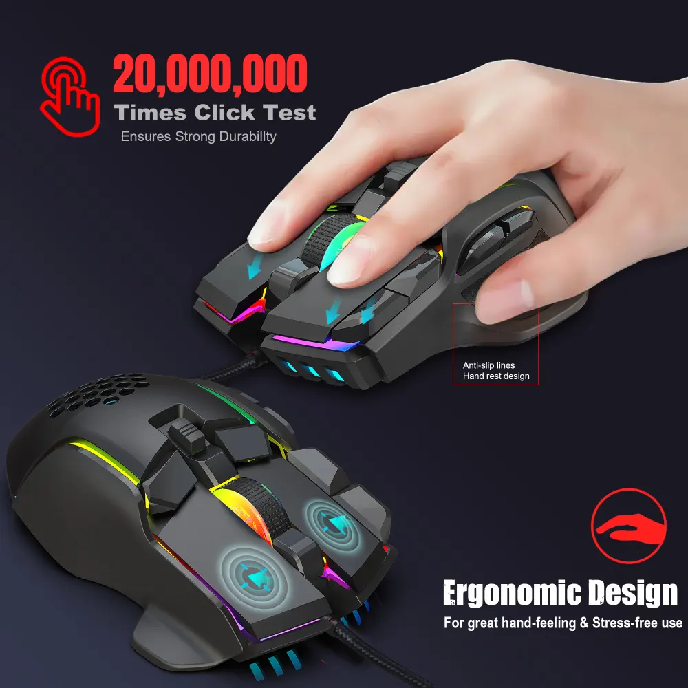 HXSJ S700 Mouse game ergonomis, Mouse Gaming berkabel RGB dapat diprogram, orientasi tangan kanan koneksi USB