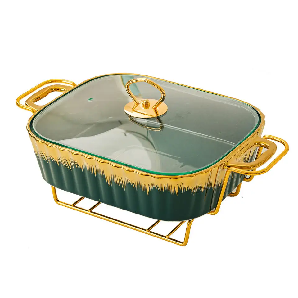 Nueva cazuela de cerámica para hornear con borde dorado Rectangular de lujo, olla de cerámica con tapa de vidrio, planchas, sartenes, bandeja para hornear