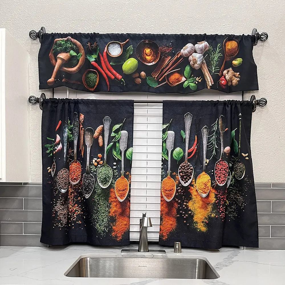 Bindi Spicy Kitchen Curtains Unique Spicy Themed Fabric Spicy Curtains Tier and Spicy Valance Set 3