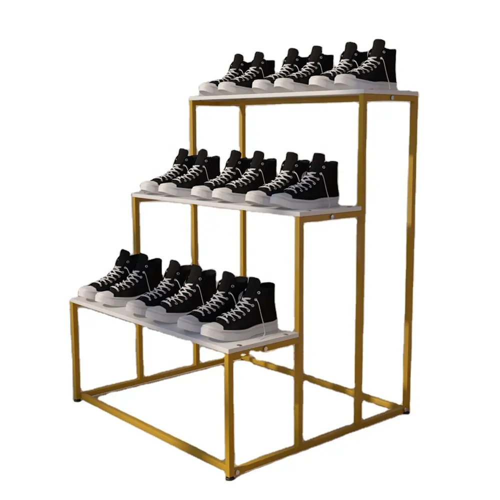 Commercial Store 3 Layer Food Flower Vase Plant Pot Casual Running Shoes Metal Wood Ladder Display Rack Stand