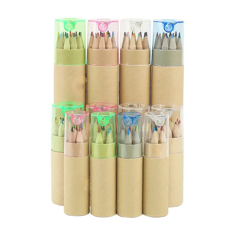 12 cores crianças conjunto caixa de tubo de papel kraft com apontador de lápis de cor pintura da criança desenho