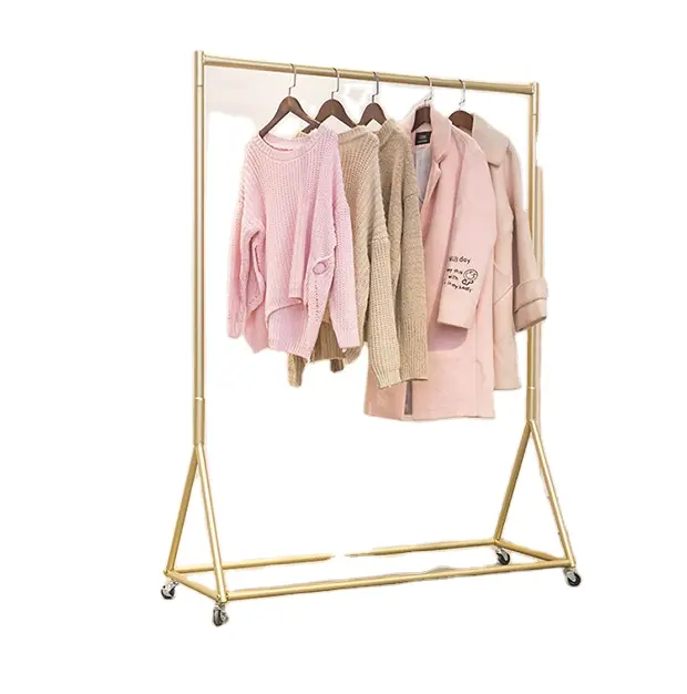 Golden clothing store exhibition stand simple floor-mounted gantry clothes hanger special movable with wheels
