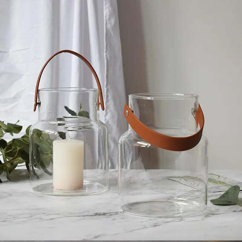 Pot de rangement de bougies en verre de Style nordique, poignée en cuir, Vase créatif, ameublement de la maison, chandelier Transparent, récipients à bougies vides