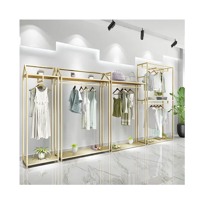 Centro commerciale negozio di abbigliamento di visualizzazione scaffale spot doppio-strato di oro delle donne negozio di abbigliamento appendere i vestiti cremagliera