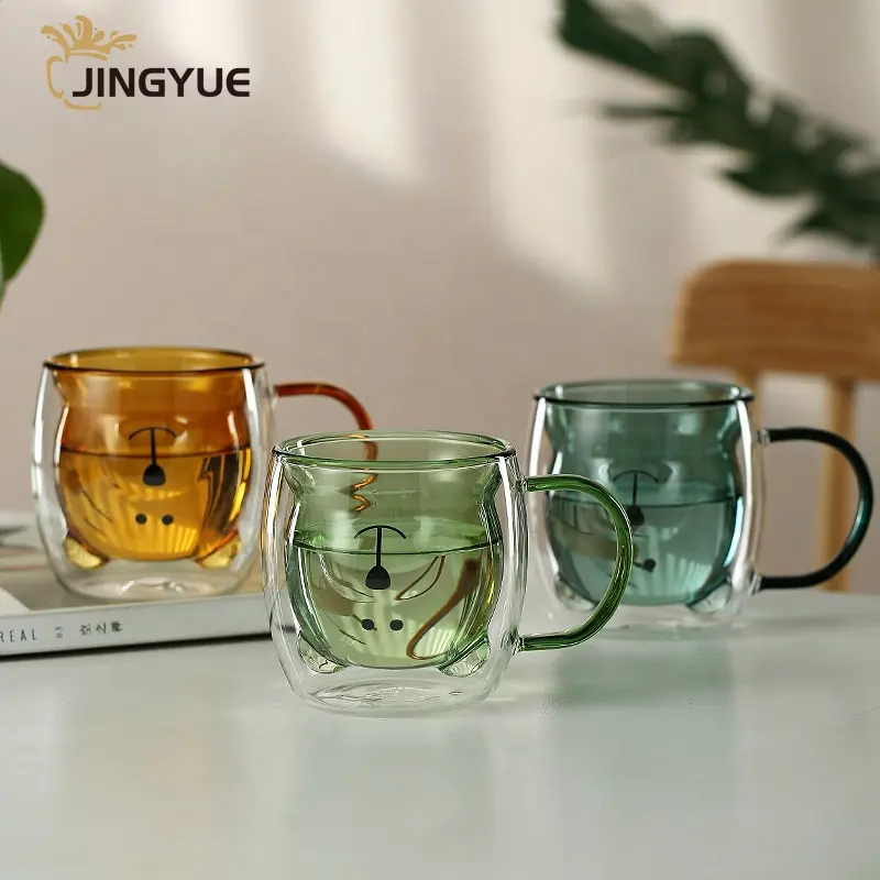 250ml divertente carino a forma di orso isolato doppia parete tazza di vetro con manico coperchio di bambù e paglia per il caffè tè al latte