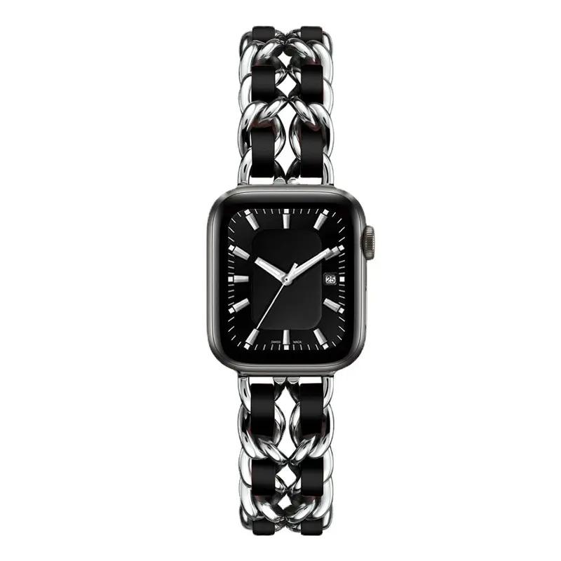 Bracelet en métal compatible avec Apple Watch Band 40mm 44mm pour femmes Bracelet de bijoux Chaîne à maillons en métal avec bracelet en cuir pour bracelets iWatch 7/SE