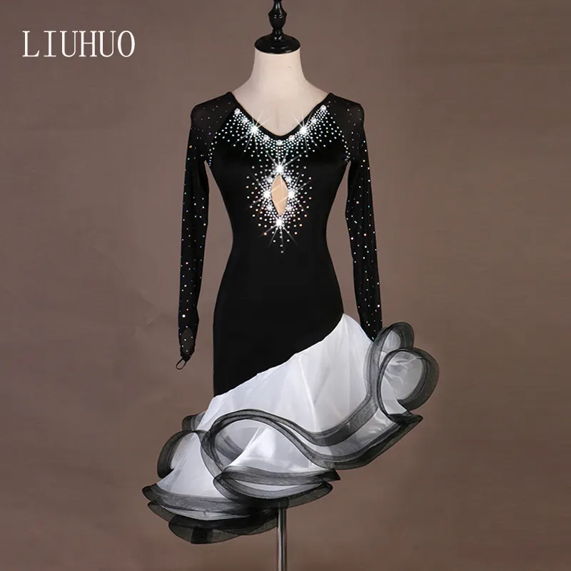 Venda direta da fábrica Barato Vestidos de Dança Latina profissional preto E 8 camadas Vestidos Latinos