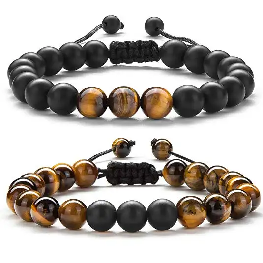 Conjunto de joyas personalizadas para hombre y mujer, brazalete con cuentas, cuerda trenzada de ágata, piedra de ojo de tigre Natural, Yoga