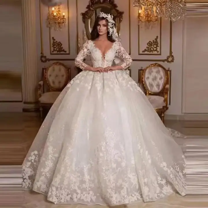 2024 кружевное свадебное платье принцессы бальное платье с бисером свадебное платье Блестящий тюль с длинными рукавами цвета слоновой кости Дубай свадебное платье