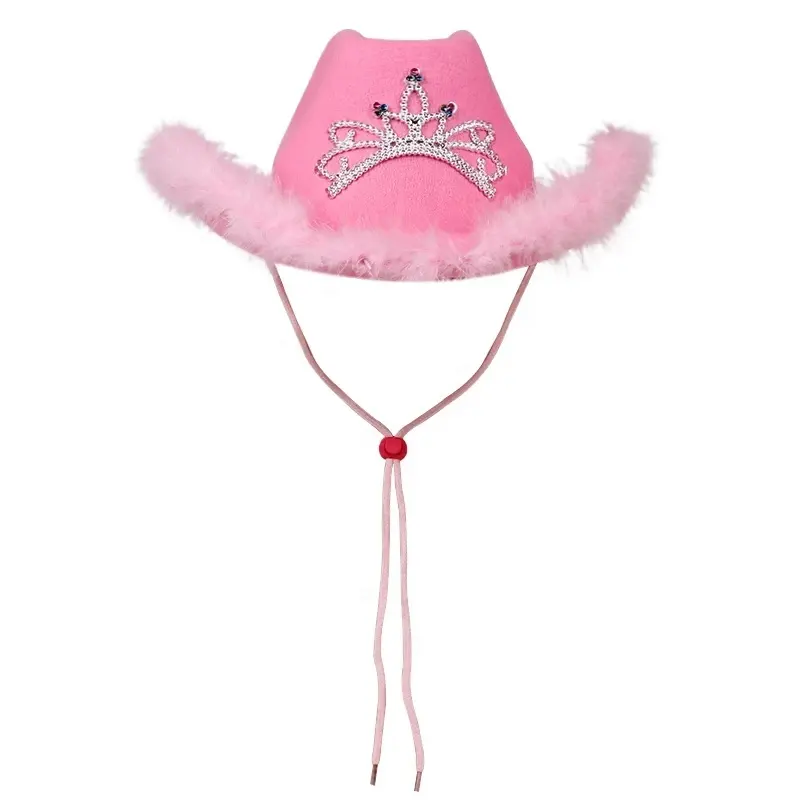 Western Vilt Led Verlicht Tiara Veren Sombrero Roze Cowgirl Cowboyhoeden Voor Dames Dames Meisjes Volwassen Festival Feest