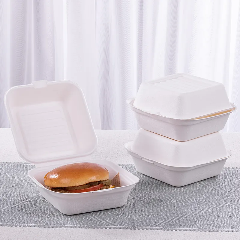 OEM Degradable Sugarcane Take-Out 3 Compartment Food Container 8 X 8 inches Box with Lock Disposable food packaging boxes