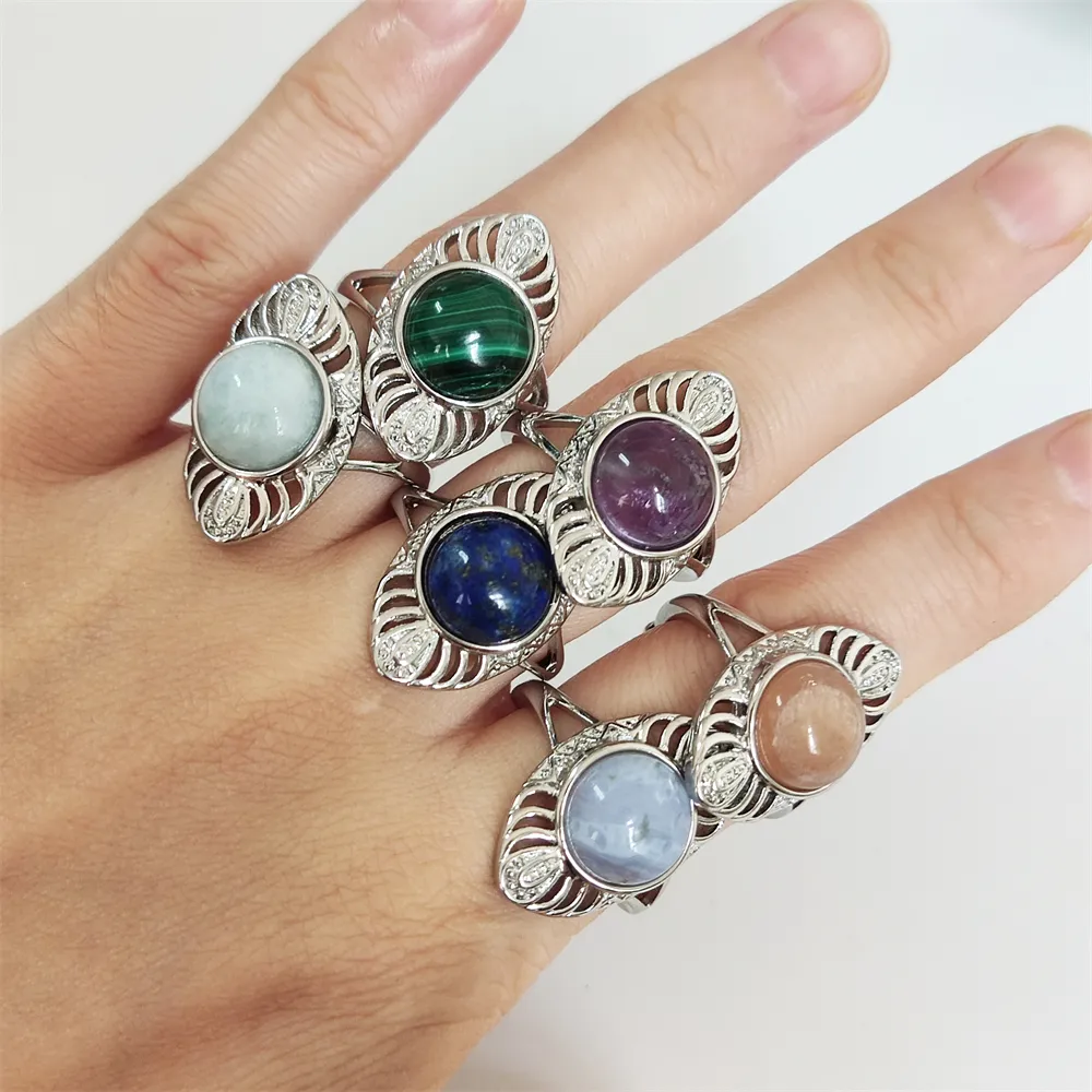 Gioiello di cristallo dal Design unico argento placcato anello occhio turco naturale rotondo ametista blu pizzo agata anello regolabile per le donne