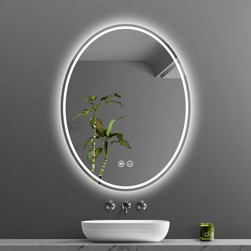 Cermin mandi Led Oval Anti kabut, mandi Modern Sensor dinding SENTUH cermin pintar untuk cermin dinding kamar mandi dengan lampu