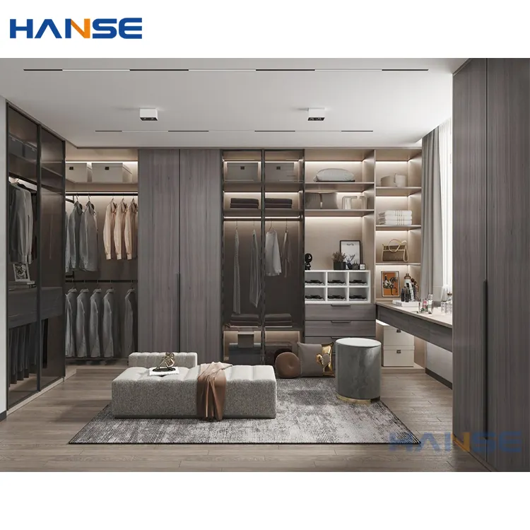 Custom dressing room melamine plywood cabinet set furniture design modern style bedroom 4 door mdf wooden wardrobe with drawers