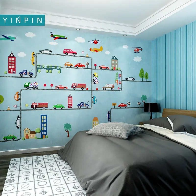 Cartoon funny cars 3d mural wallpaper for kids room decorative