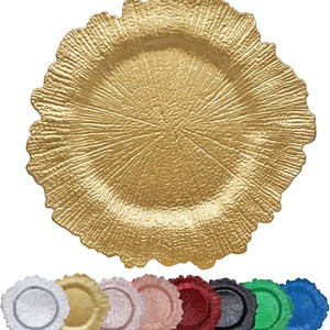 Grosir piring Charger plastik semprot emas desain klasik pelat batu karang plastik pernikahan grosir - Product Image 3