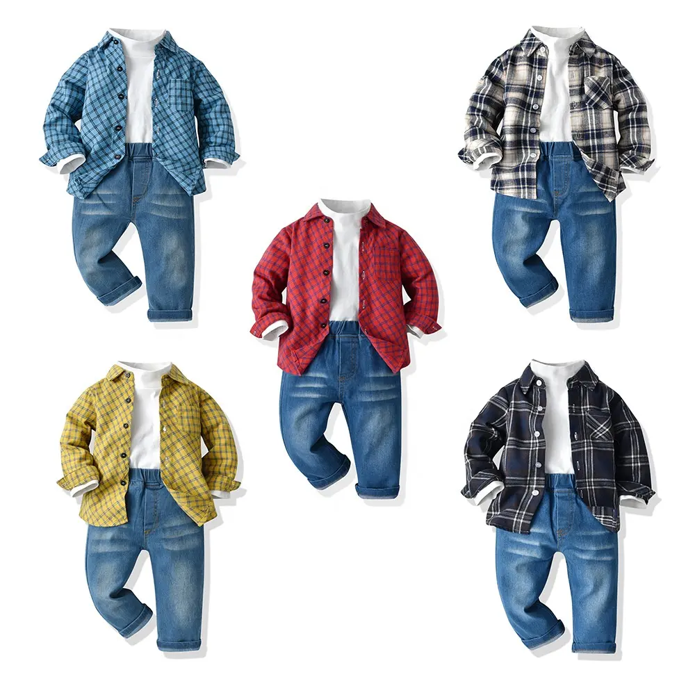 新しい秋の男の子の綿の服セット子供3ピースの服スーツキッズチェック柄シャツ、白いプルオーバーとジーンズ