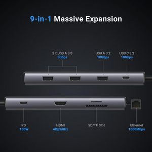 UGREEN Revodok Pro 109 USB C Hub 9 in 1 10Gbps USB C 3.2 & USBA 3.2 4K-HDMI、100W電力供給、SD/TFカードリーダー - Product Image 2