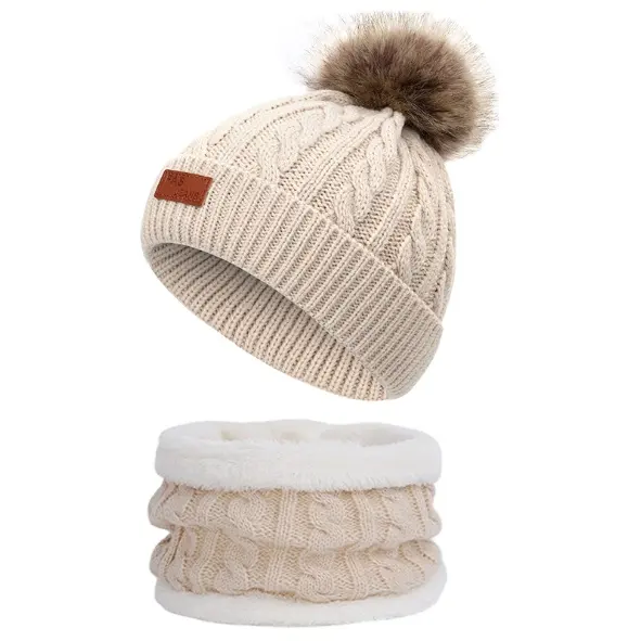 Toptan moda 2 adet özel çocuk kış sıcak örme kap, sahte kürk Pom Pom şapka yürümeye başlayan bere eşarp seti