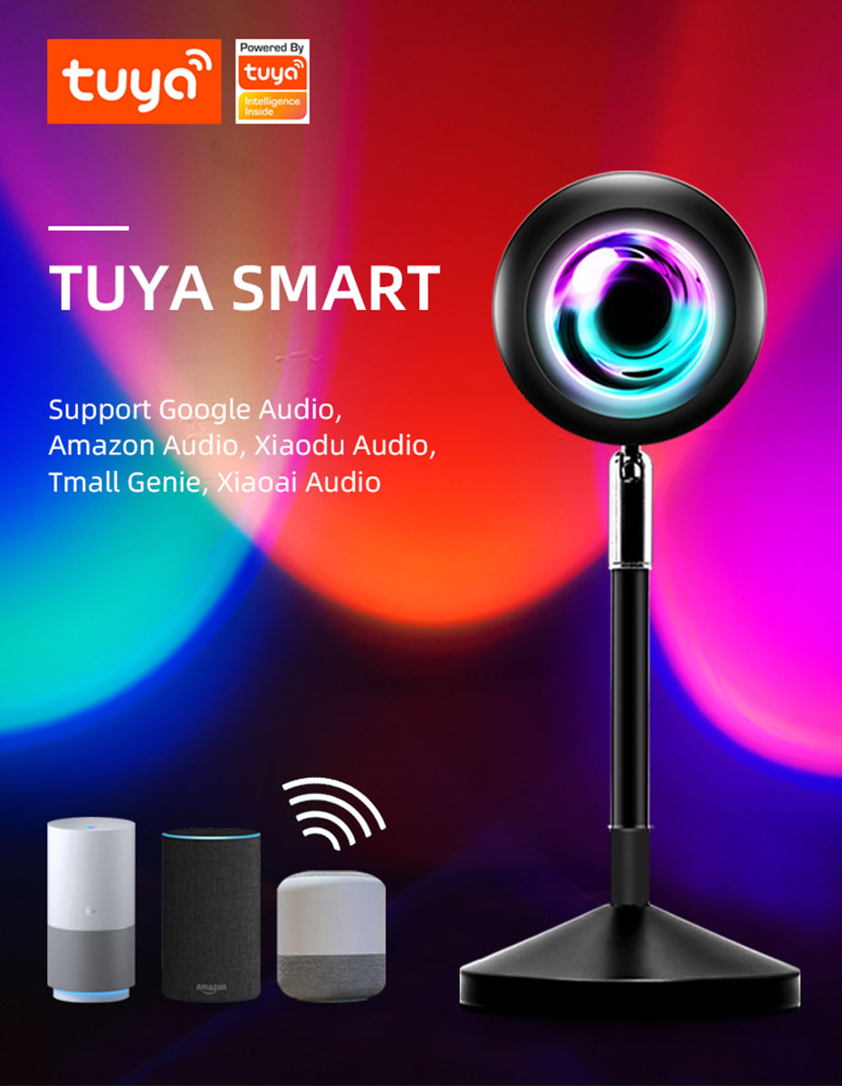 Colorful WiFi Tuya Sunset Lights APP Controlled Full Spectrum RGB Adjustable 360 Rotation with Alexa Google Sunlight Lamp